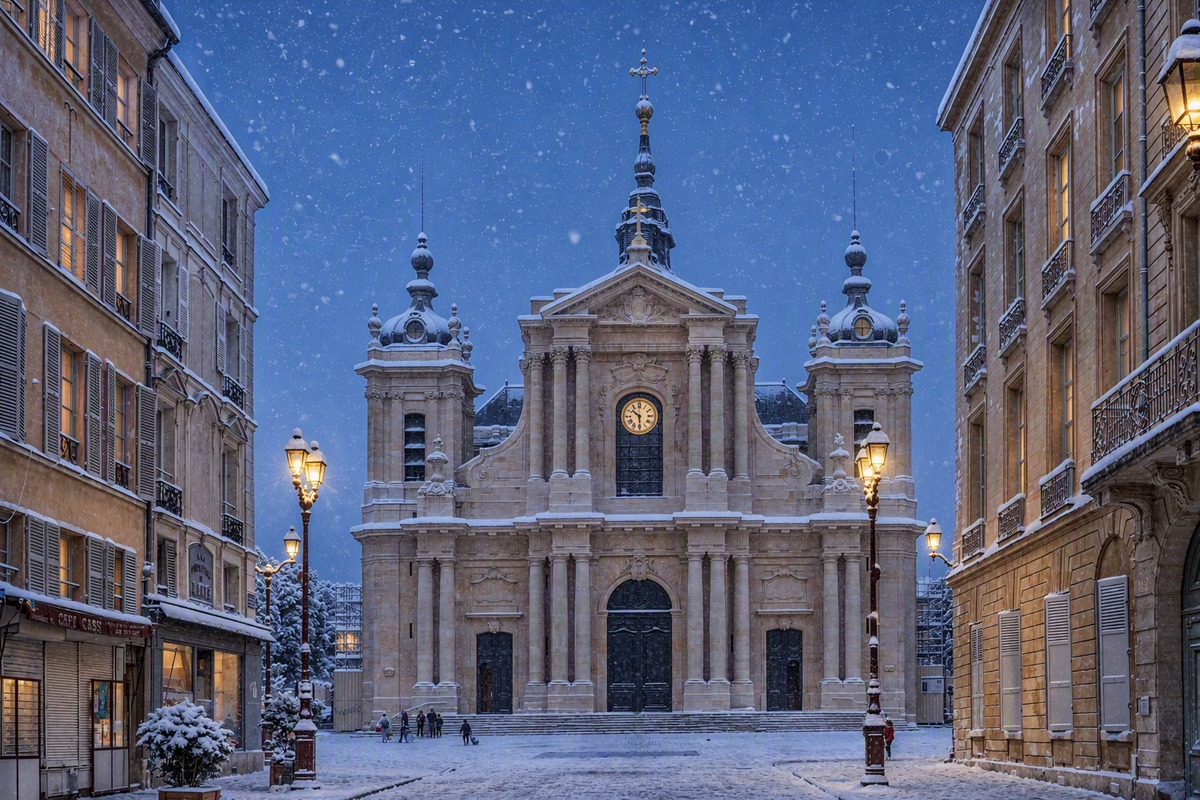 La cathédrale Saint-Louis de Versailles sous la neige, en soirée d'hiver
